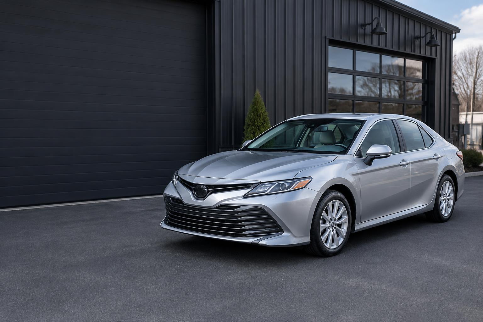 Illustrative silver sedan outside an automotive garage